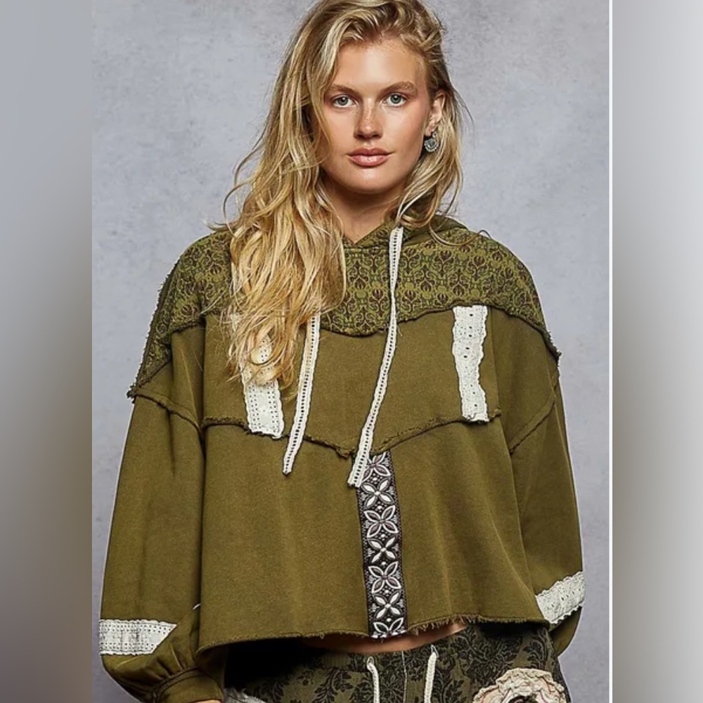 POL Brand New Olive Green Patchwork Hoodie Size Medium (fits to XL)